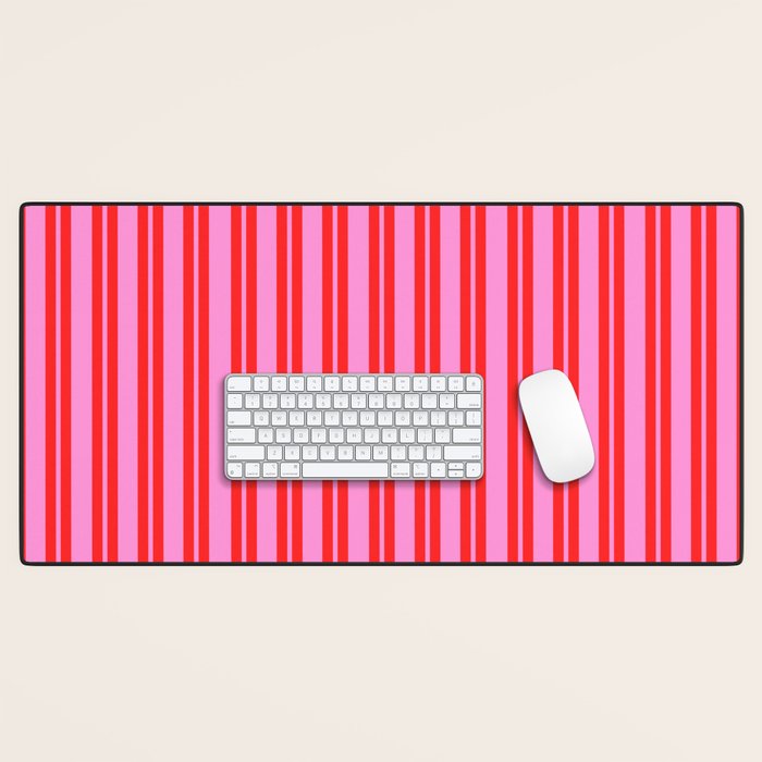 Preppy Hot Pink and Red Classic Double Stripes Contemporary Vertical Stripe Pattern Desk Mat Gallery Image 1