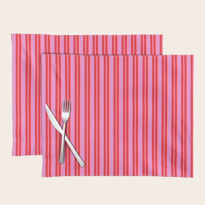 Preppy Hot Pink and Red Classic Double Stripes Contemporary Vertical Stripe Pattern Placemat Gallery Image 1