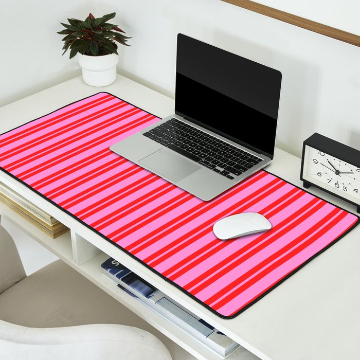 Preppy Hot Pink and Red Classic Double Stripes Contemporary Vertical Stripe Pattern Desk Mat Gallery Image 2