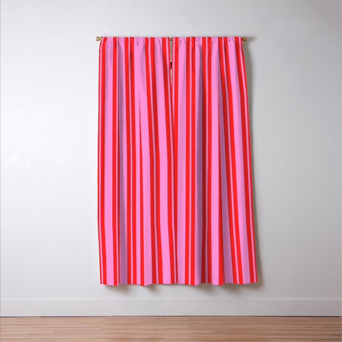 Preppy Hot Pink and Red Classic Double Stripes Contemporary Vertical Stripe Pattern Window Curtain Gallery Image 3