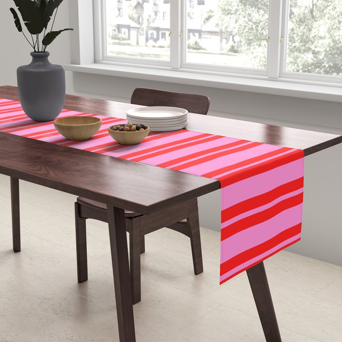 Preppy Hot Pink and Red Classic Double Stripes Contemporary Vertical Stripe Pattern Table Runner Gallery Image 2