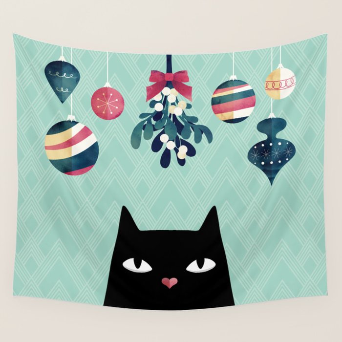 Mistletoe? (Black Cat) Wall Tapestry Gallery Image 1