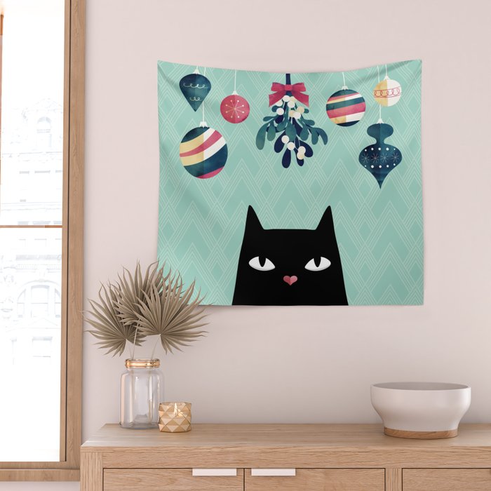 Mistletoe? (Black Cat) Wall Tapestry Gallery Image 2