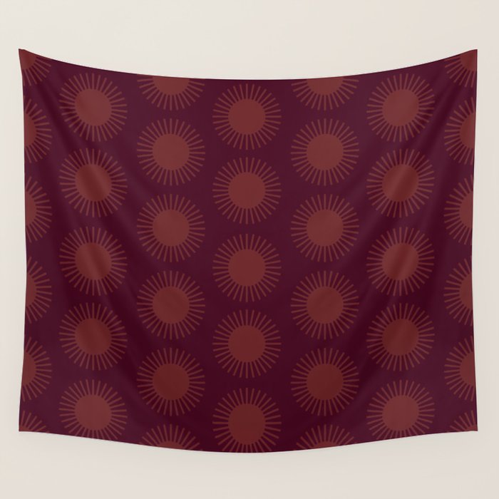 Boho Summer Sun Pattern XIII Dark Maroon Red Wall Tapestry Gallery Image 1