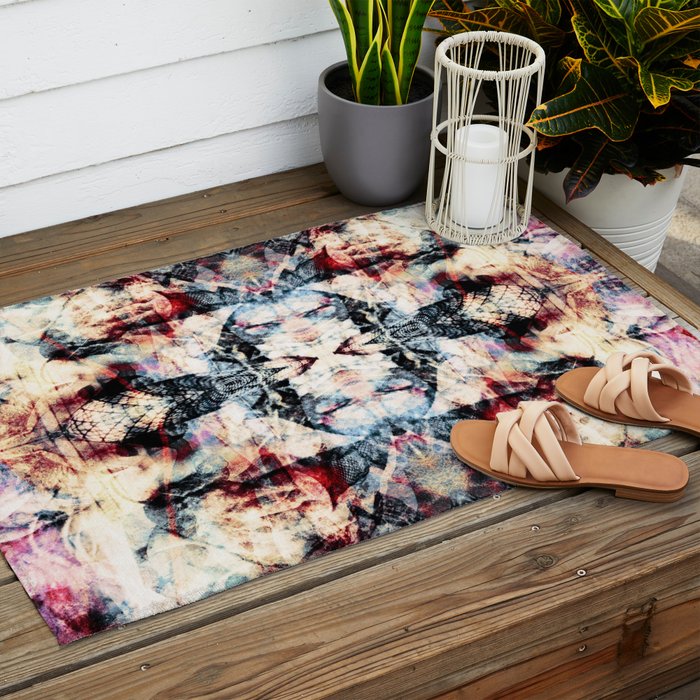 Colorful Abstract Batik Butterfly Rorschach Ink Blot Art Universe No5 Outdoor Rug Gallery Image 2