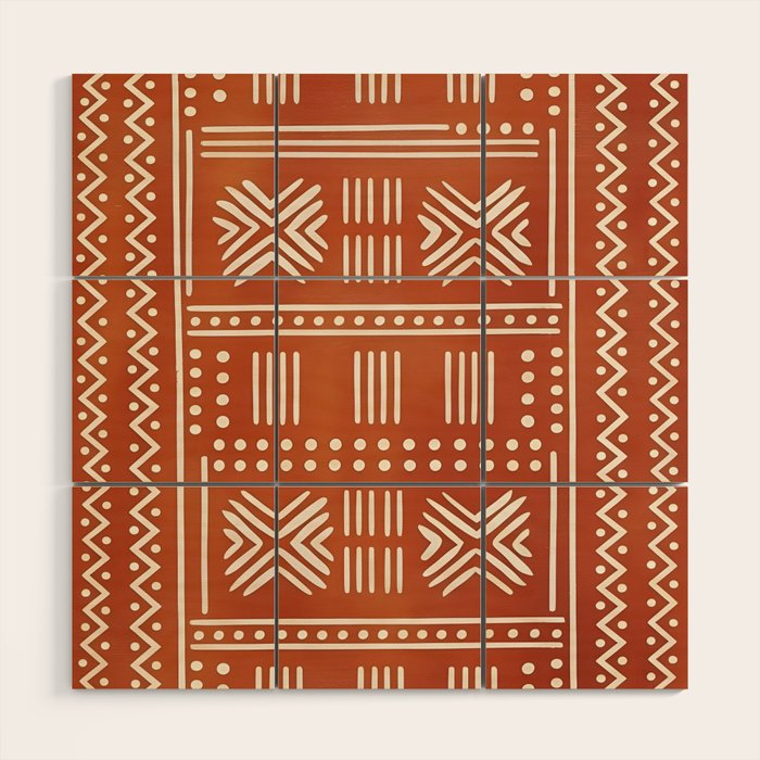 Geometric Tribal Pattern on Terracotta Wood Wall Art Gallery Image 1