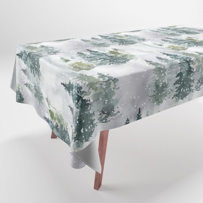 Watercolor forest green snow Christmas pine tree Tablecloth Gallery Image 1