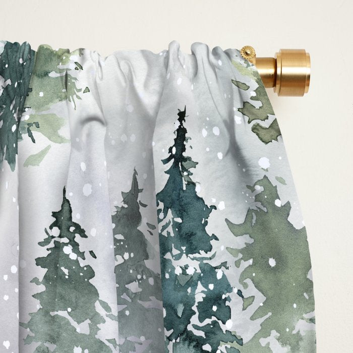 Watercolor forest green snow Christmas pine tree Window Curtain Gallery Image 2