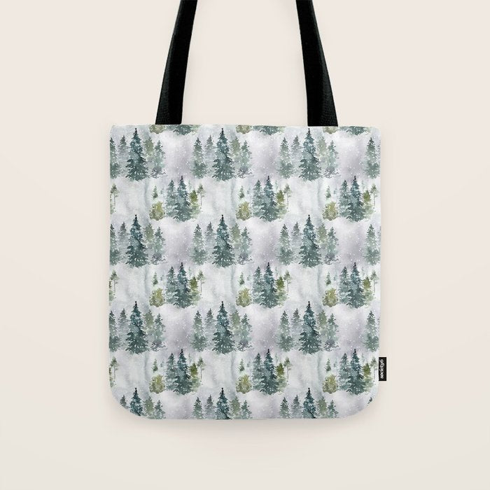 Watercolor forest green snow Christmas pine tree Tote Bag Gallery Image 1