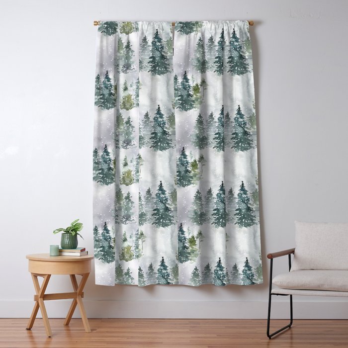 Watercolor forest green snow Christmas pine tree Window Curtain Gallery Image 5