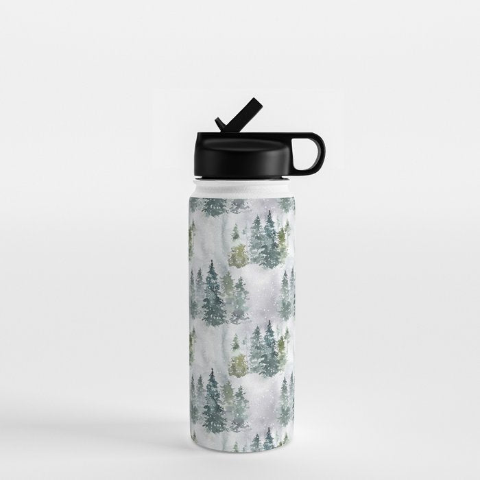 Watercolor forest green snow Christmas pine tree Water Bottle Gallery Image 1