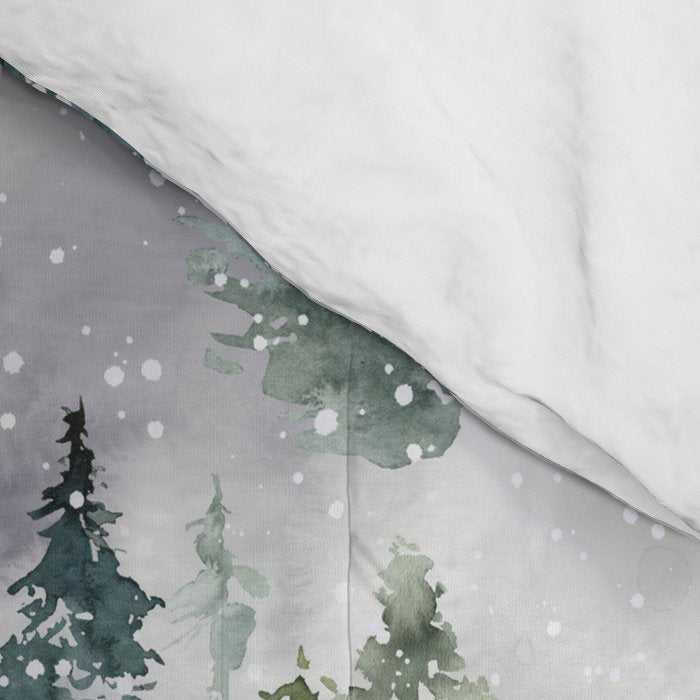 Watercolor forest green snow Christmas pine tree Comforter Gallery Image 4