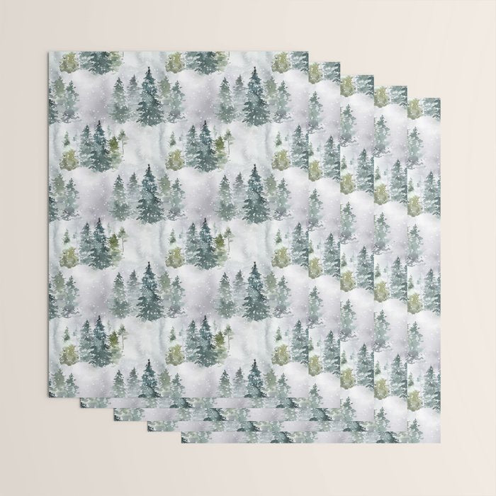 Watercolor forest green snow Christmas pine tree Wrapping Paper Gallery Image 3