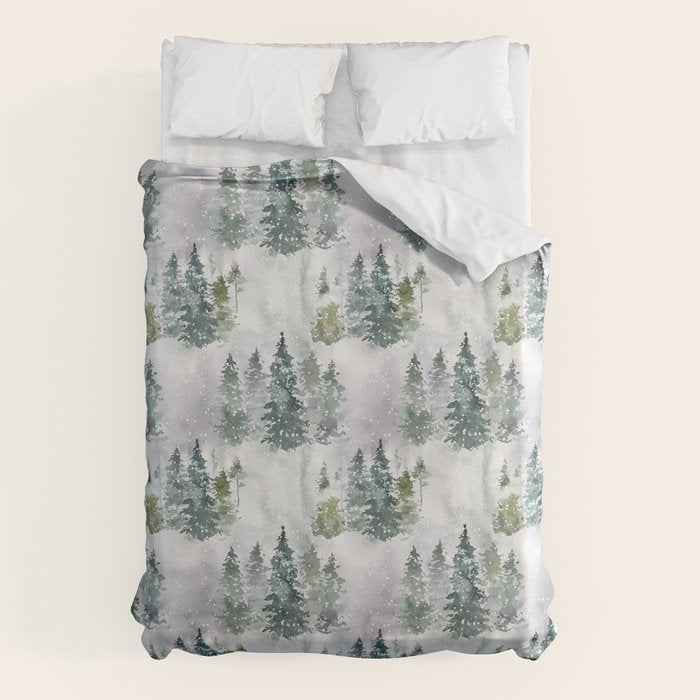 Watercolor forest green snow Christmas pine tree Duvet Cover Gallery Image 6