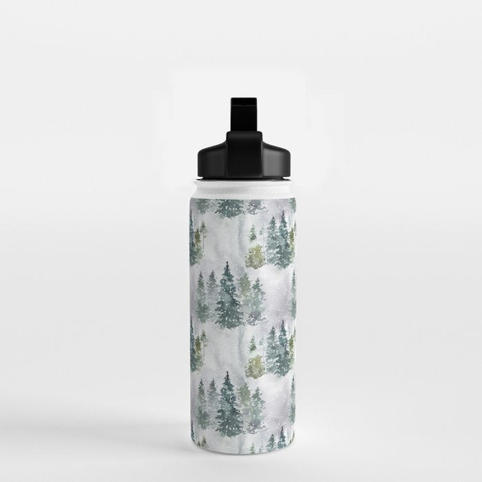 Watercolor forest green snow Christmas pine tree Water Bottle Gallery Image 2