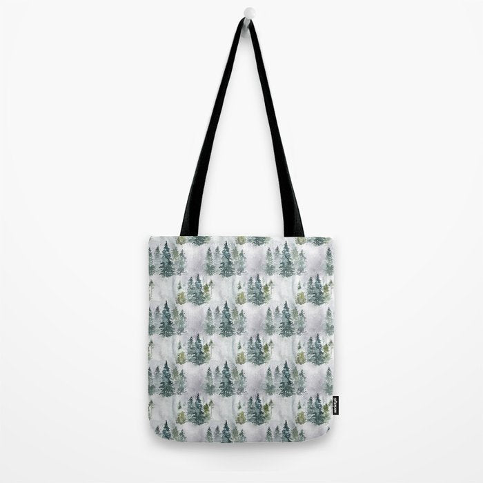 Watercolor forest green snow Christmas pine tree Tote Bag Gallery Image 2