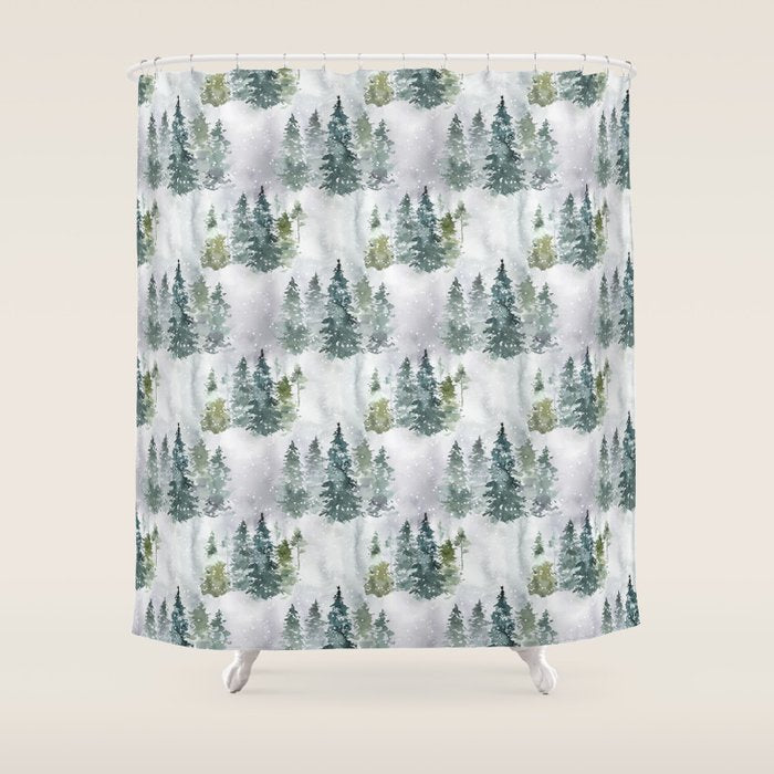 Watercolor forest green snow Christmas pine tree Shower Curtain Gallery Image 1