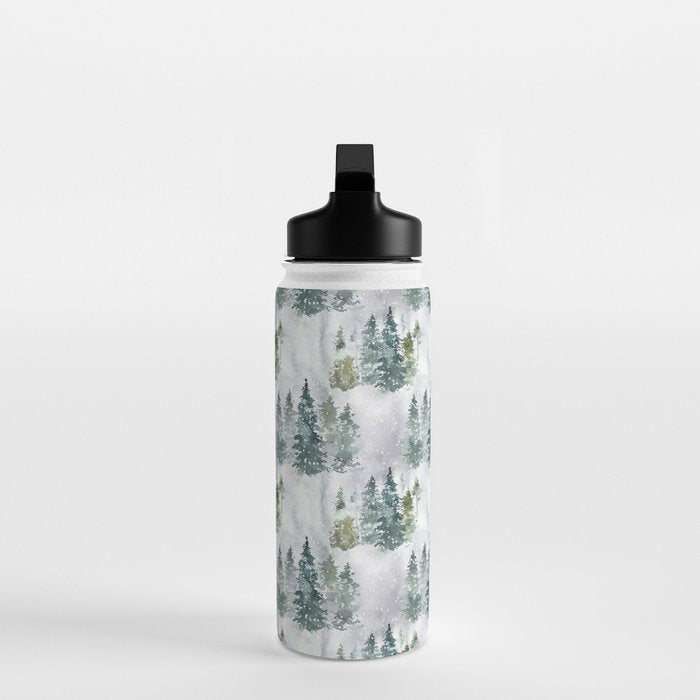 Watercolor forest green snow Christmas pine tree Water Bottle Gallery Image 3