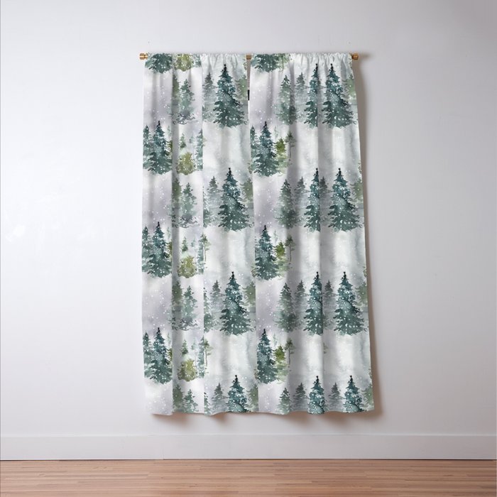 Watercolor forest green snow Christmas pine tree Window Curtain Gallery Image 3