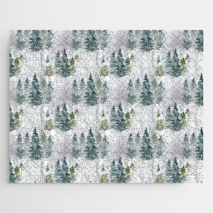 Watercolor forest green snow Christmas pine tree Jigsaw Puzzle Gallery Image 1