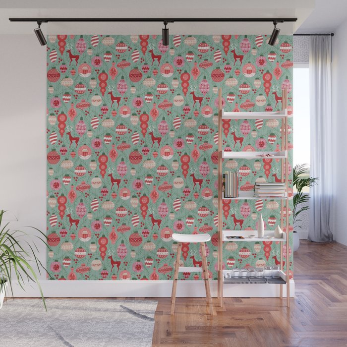 Mid-Century Ornaments in Red and Mint Wall Mural Gallery Image 1