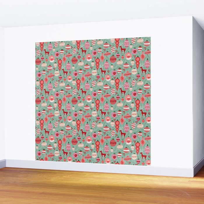 Mid-Century Ornaments in Red and Mint Wall Mural Gallery Image 2