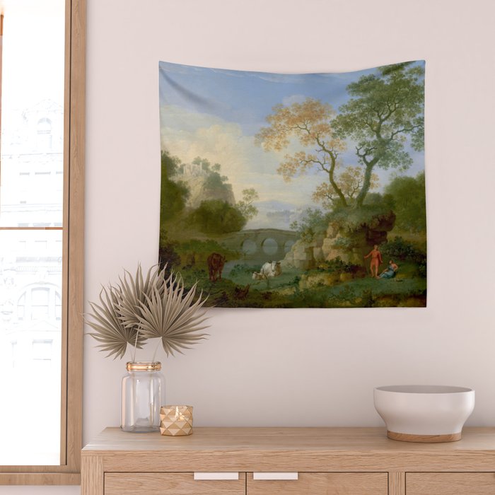 A Landscape with Distant Classical Ruins, a Bridge, Figures, and Cattle Wall Tapestry Gallery Image 2