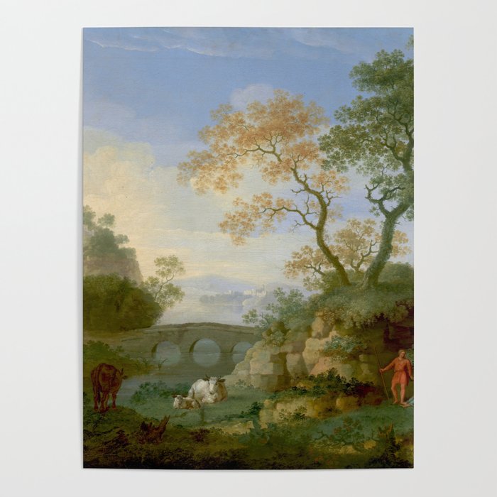 A Landscape with Distant Classical Ruins, a Bridge, Figures, and Cattle Poster Gallery Image 4