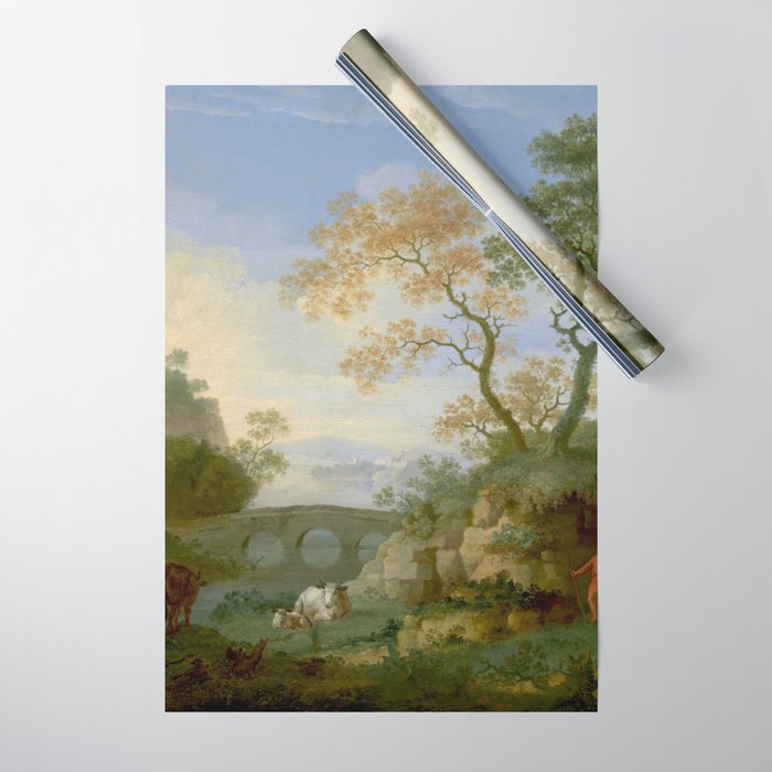A Landscape with Distant Classical Ruins, a Bridge, Figures, and Cattle Wrapping Paper Gallery Image 1