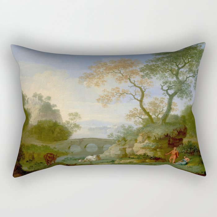 A Landscape with Distant Classical Ruins, a Bridge, Figures, and Cattle Rectangular Pillow Gallery Image 1