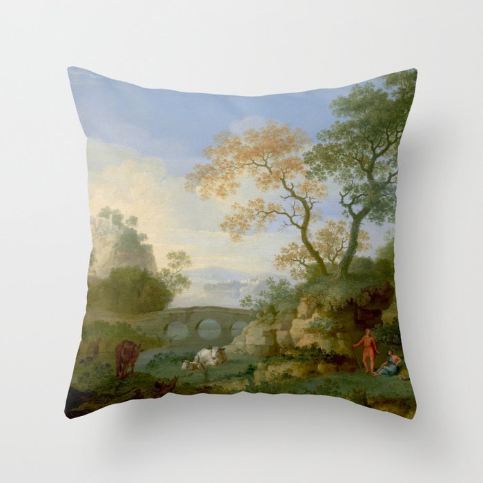 A Landscape with Distant Classical Ruins, a Bridge, Figures, and Cattle Throw Pillow Gallery Image 1