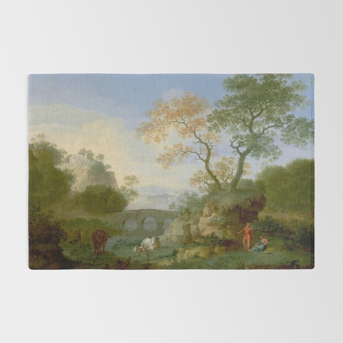 A Landscape with Distant Classical Ruins, a Bridge, Figures, and Cattle Rug Gallery Image 2