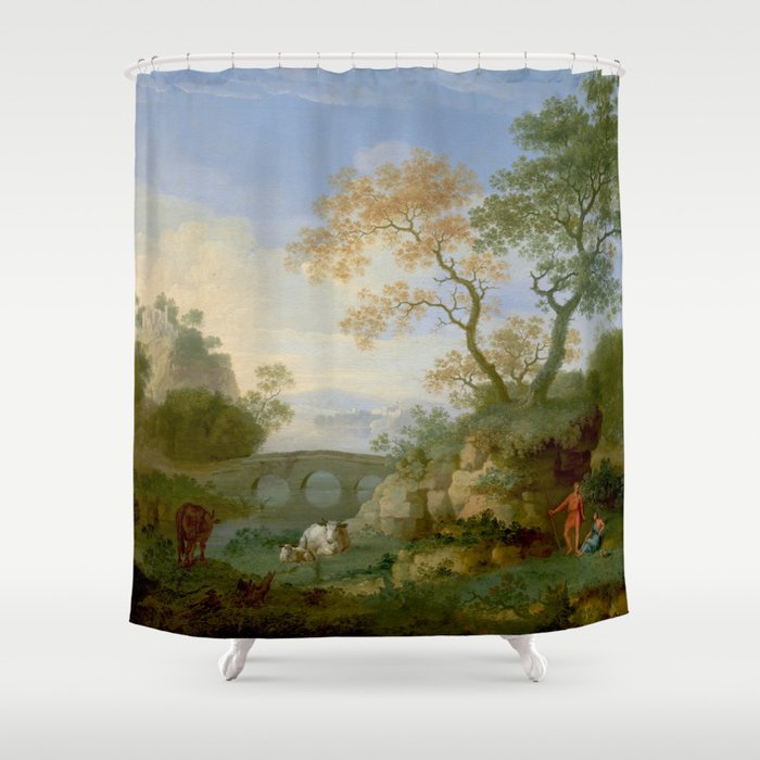 A Landscape with Distant Classical Ruins, a Bridge, Figures, and Cattle Shower Curtain Gallery Image 1
