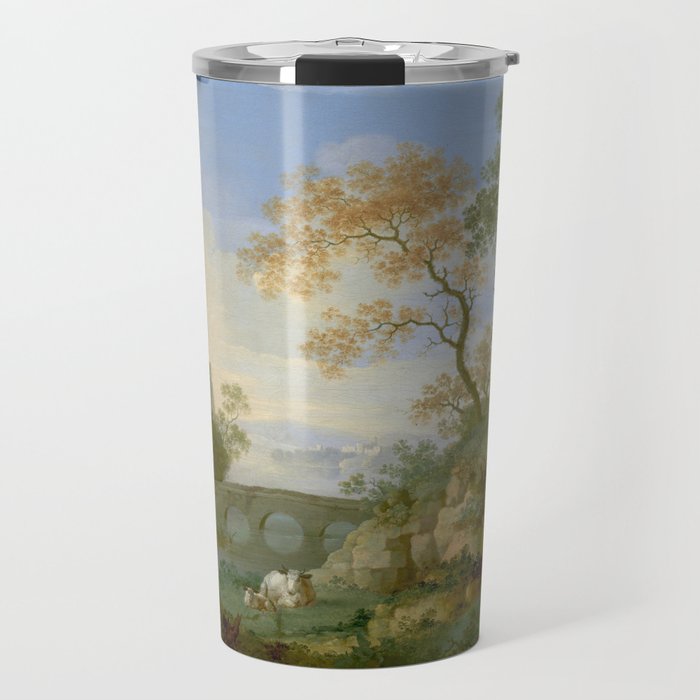 A Landscape with Distant Classical Ruins, a Bridge, Figures, and Cattle Travel Mug Gallery Image 1
