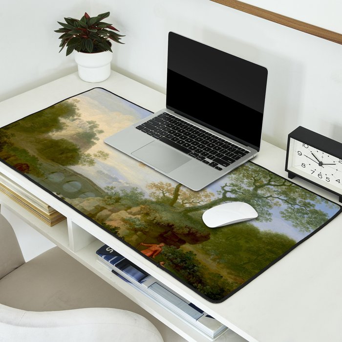 A Landscape with Distant Classical Ruins, a Bridge, Figures, and Cattle Desk Mat Gallery Image 2