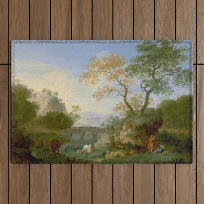 A Landscape with Distant Classical Ruins, a Bridge, Figures, and Cattle Outdoor Rug Gallery Image 1