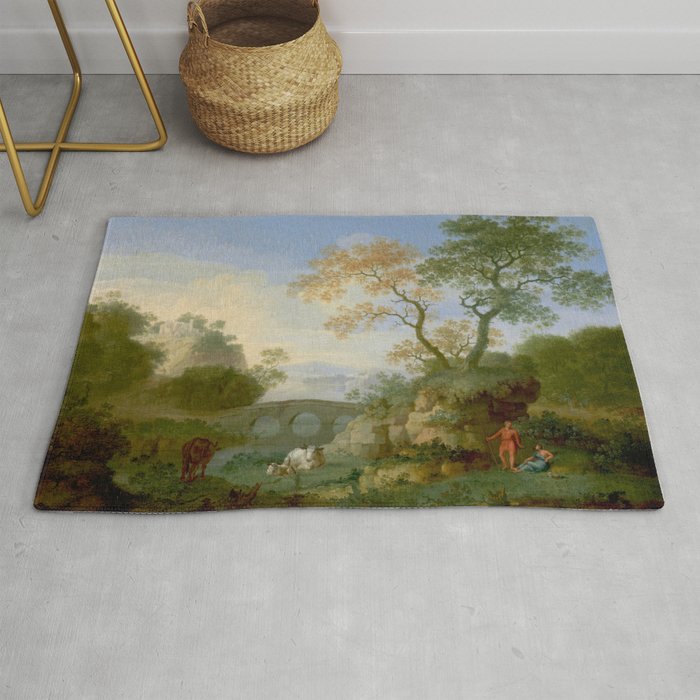 A Landscape with Distant Classical Ruins, a Bridge, Figures, and Cattle Rug Gallery Image 1