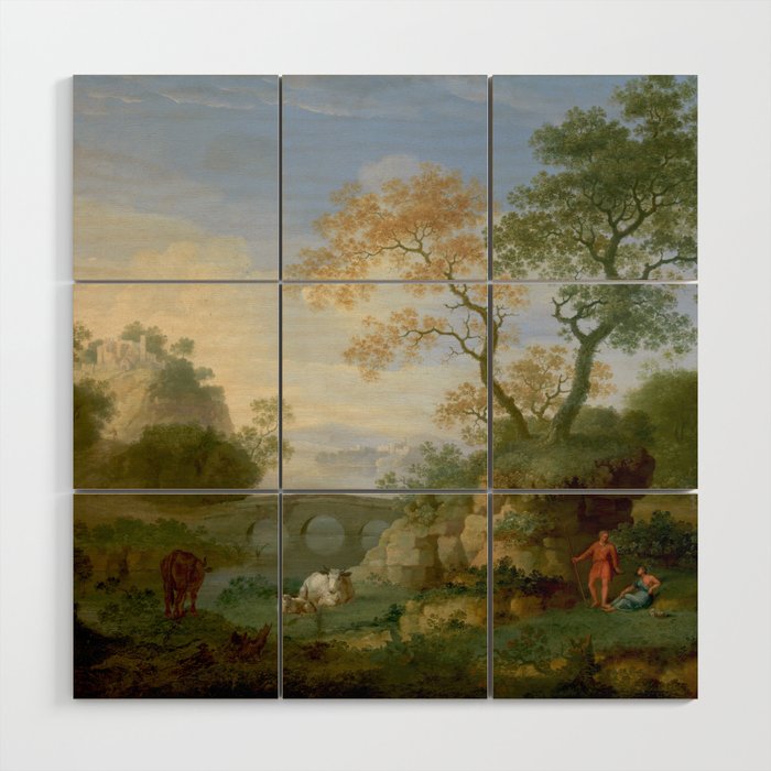 A Landscape with Distant Classical Ruins, a Bridge, Figures, and Cattle Wood Wall Art Gallery Image 1