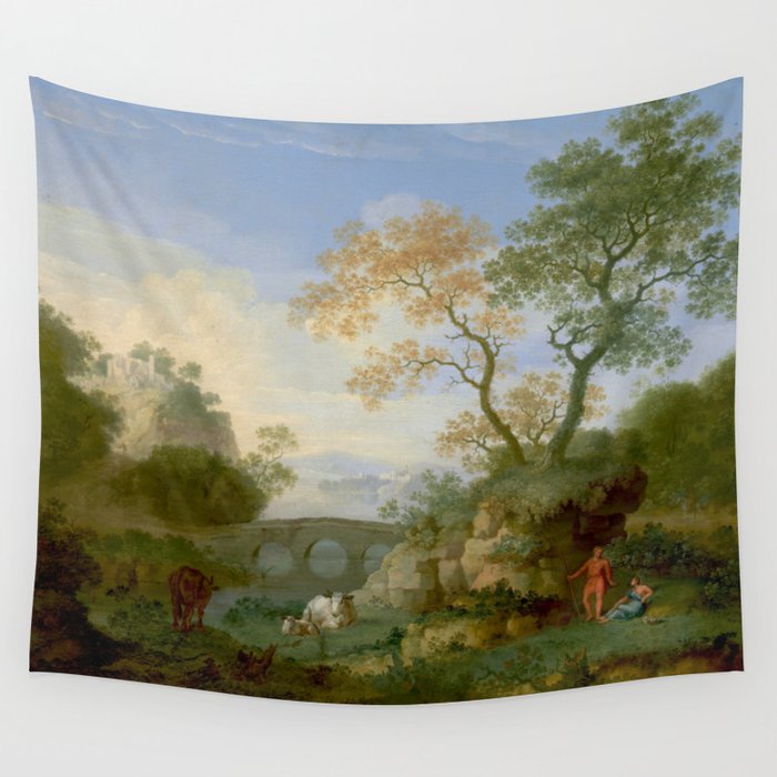 A Landscape with Distant Classical Ruins, a Bridge, Figures, and Cattle Wall Tapestry Gallery Image 4