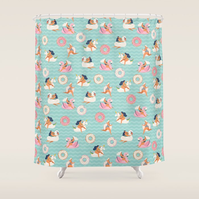Gils on inflatable in swimming pool floats. Shower Curtain Gallery Image 1