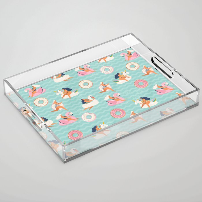 Gils on inflatable in swimming pool floats. Acrylic Tray Gallery Image 1