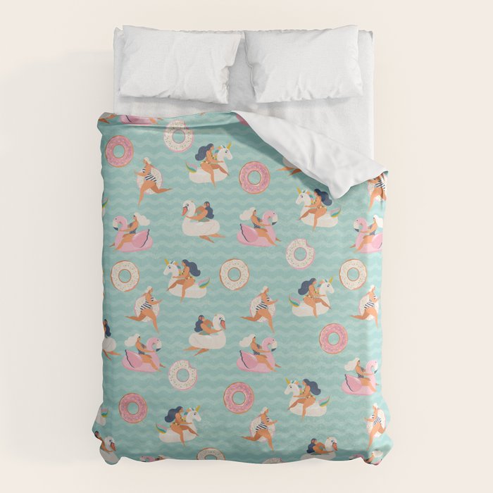 Gils on inflatable in swimming pool floats. Duvet Cover Gallery Image 1