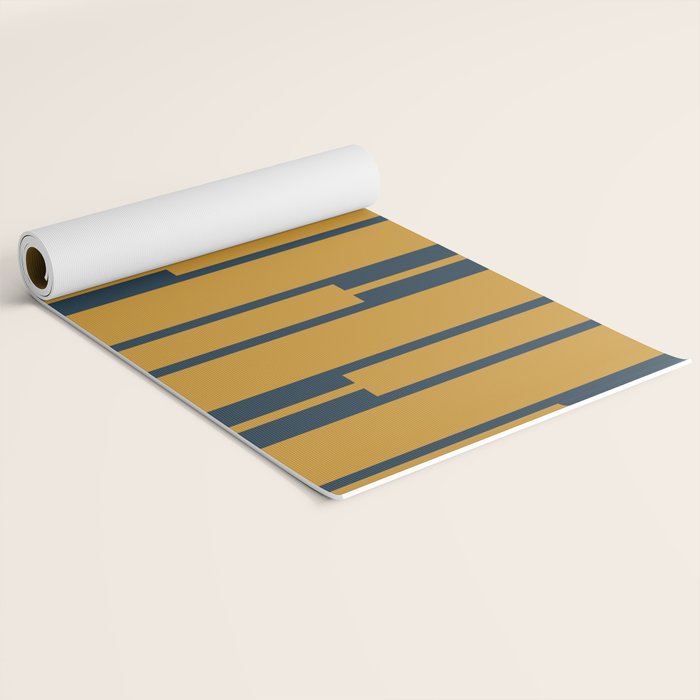 Geo Chain Dark Mustard and Navy Blue Geometric Block Stripes Vertical Pattern Yoga Mat Gallery Image 2