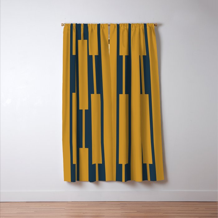 Geo Chain Dark Mustard and Navy Blue Geometric Block Stripes Vertical Pattern Window Curtain Gallery Image 3