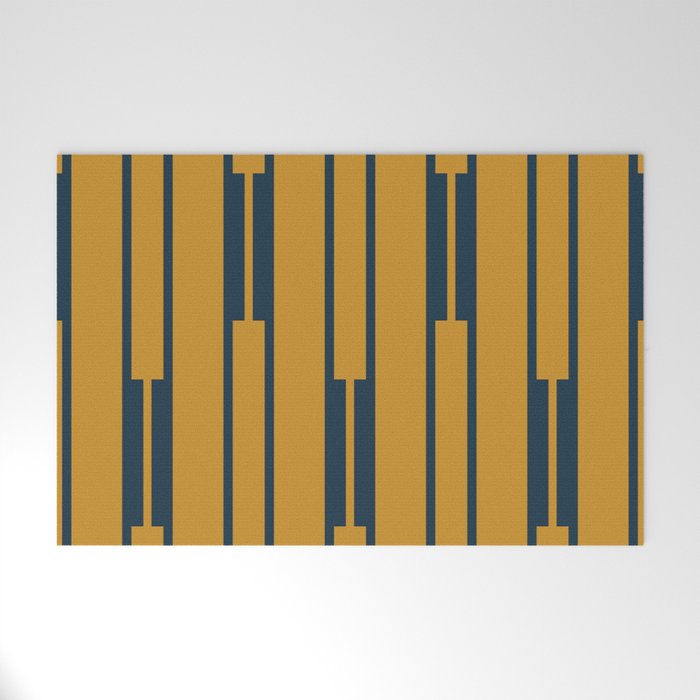 Geo Chain Dark Mustard and Navy Blue Geometric Block Stripes Vertical Pattern Welcome Mat Gallery Image 1
