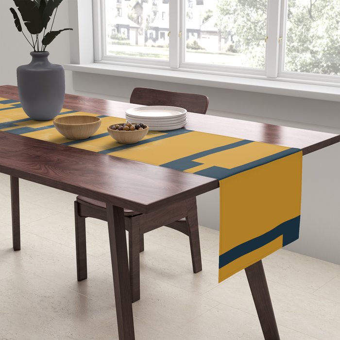 Geo Chain Dark Mustard and Navy Blue Geometric Block Stripes Vertical Pattern Table Runner Gallery Image 2