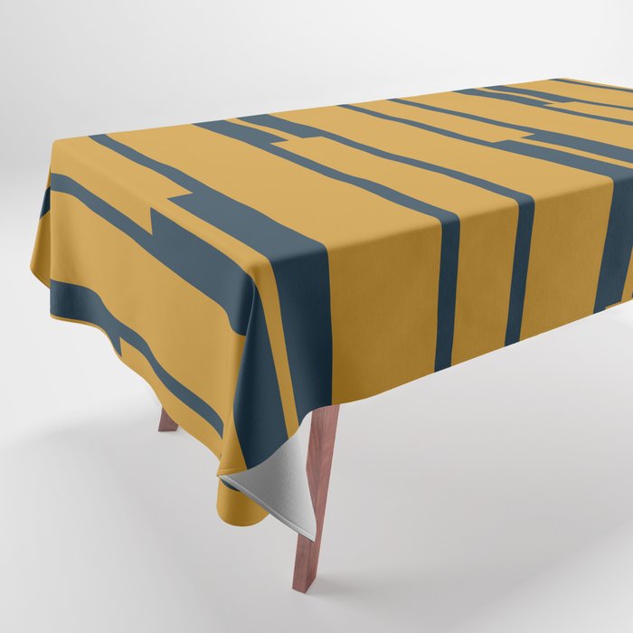 Geo Chain Dark Mustard and Navy Blue Geometric Block Stripes Vertical Pattern Tablecloth Gallery Image 1