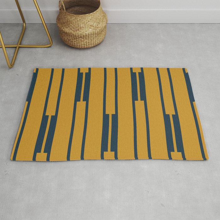 Geo Chain Dark Mustard and Navy Blue Geometric Block Stripes Vertical Pattern Rug Gallery Image 1