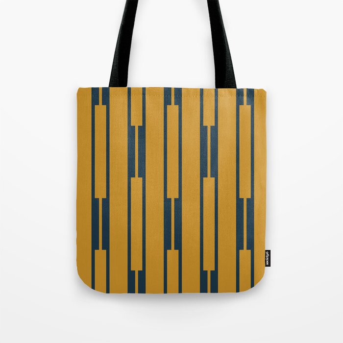 Geo Chain Dark Mustard and Navy Blue Geometric Block Stripes Vertical Pattern Tote Bag Gallery Image 1