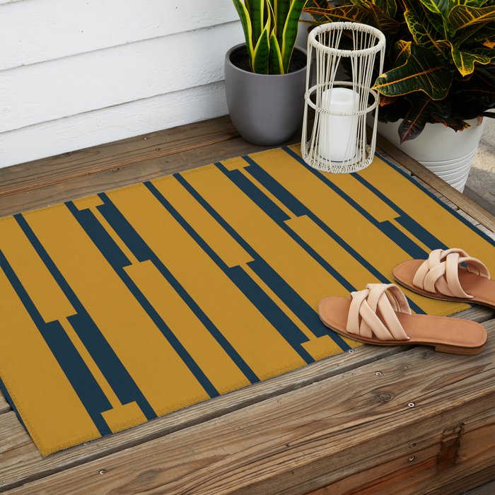 Geo Chain Dark Mustard and Navy Blue Geometric Block Stripes Vertical Pattern Outdoor Rug Gallery Image 2